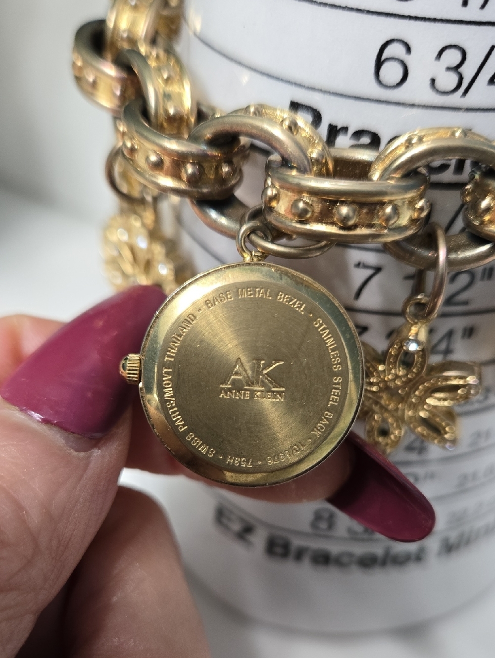 Anne Klein Vintage Gold Tone Charm Bracelet with Heart Watch & Floral Charms - Picture 14 of 15
